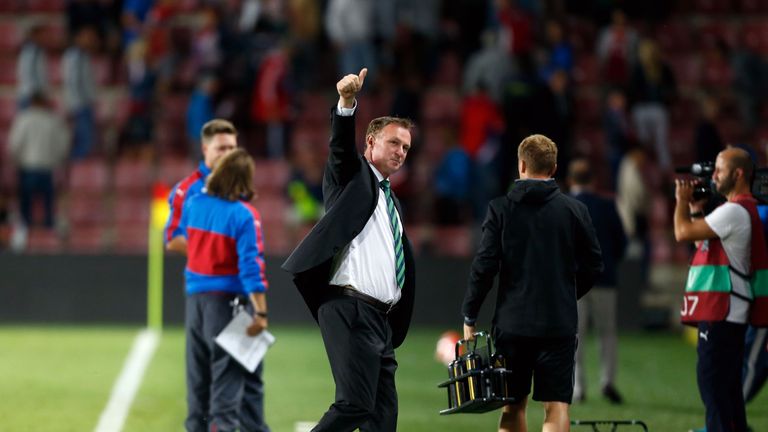 Northern Ireland manager Michael O'Neill acknowledges the fans 