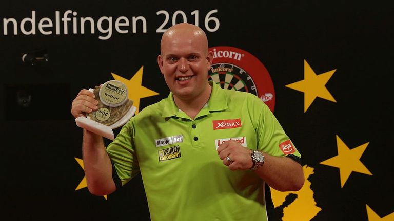 Michael van Gerwen celebrates his victory in the European Darts Grand Prix final