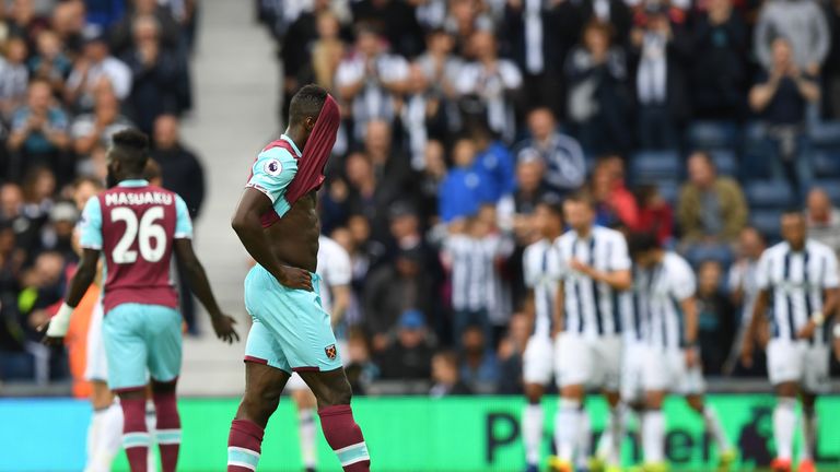 Michail Antonio reacts as West Ham concede one of four goals at West Brom