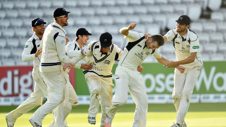 The Middlesex team celebrate victory during day four of the Specsavers County Championship match between Middlesex and Yorkshire