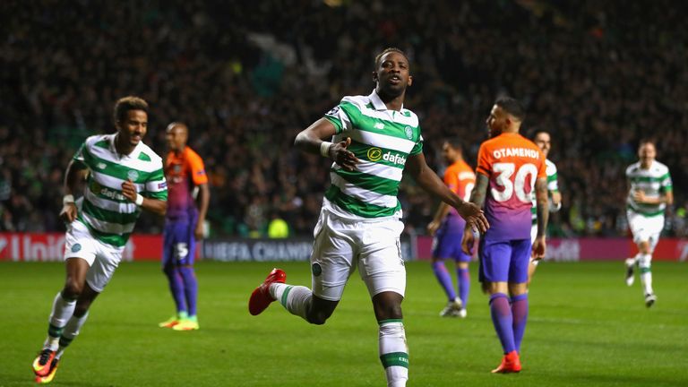 Moussa Dembele of Celtic celebrates after scoring his team's third goal during the UEFA Champions League group C match v Manchester City