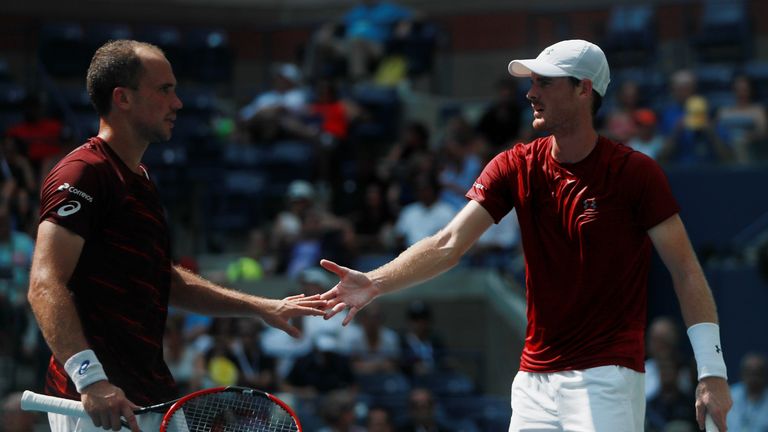 Murray and Soares react during the win over Pablo Carreno Busta and Guillermo Garcia-Lopez 
