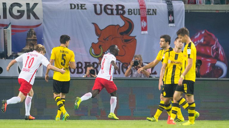 Leipzig´s Guinean midfielder Naby Deco Keita (C) celbrates after scoring the first goal during German first division Bundesliga football match between RB 