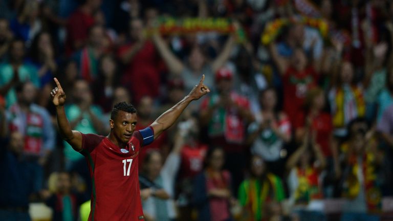 Portugal's forward Nani celebrates after scoring a goal during the friendly football match Portugal vs Gibraltar at Bessa stadium in Porto on September 1, 