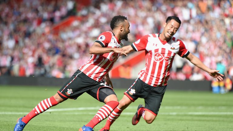 Nathan Redmond of Southampton (L) celebrates scoring his side's first goal with team mate Maya Yoshida v Watford, Premier League, August 2016