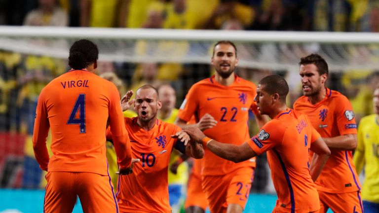 Wesley Sneijder of Netherlands celebrates