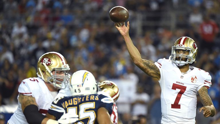 Colin Kaepernick #7 of the San Francisco 49ers makes a pass in the pocket during a preseason game against the San Diego Chargers