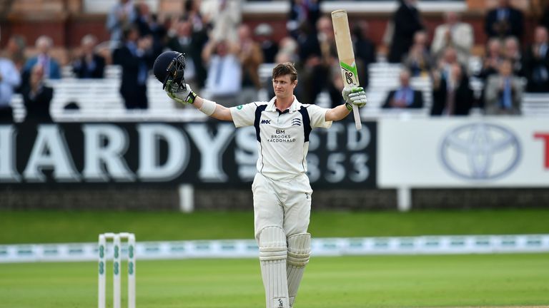 Middlesex's Nick Gubbins celebrates his fourth first-class hundred