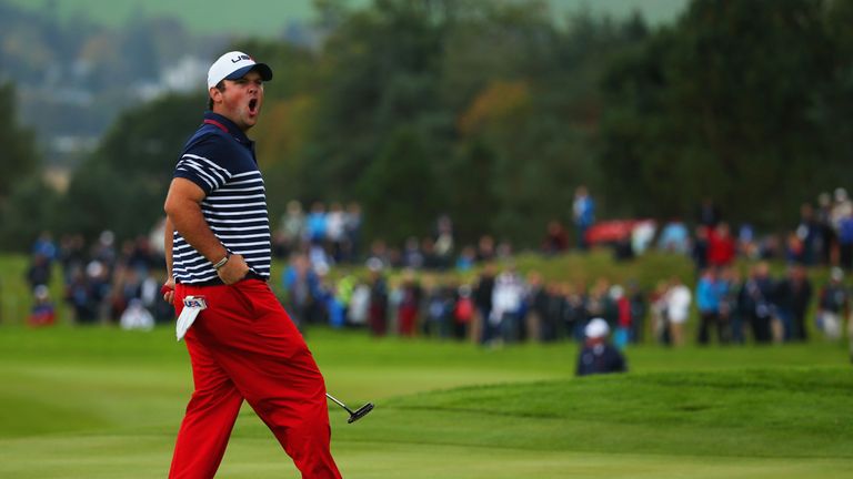 AUCHTERARDER, SCOTLAND - SEPTEMBER 28:  Patrick Reed of the United States celebrates his putt on the 11th green during the Singles Matches of the 2014 Ryde