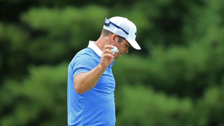NORTON, MA - SEPTEMBER 03:  Paul Casey of England acknowledges the crowd on the tenth green during the second round of the Deutsche Bank Championship at TP