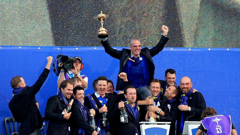 AUCHTERARDER, SCOTLAND - SEPTEMBER 28:  Europe team captain Paul McGinley celebrates winning the Ryder Cup with his team after the Singles Matches of the 2