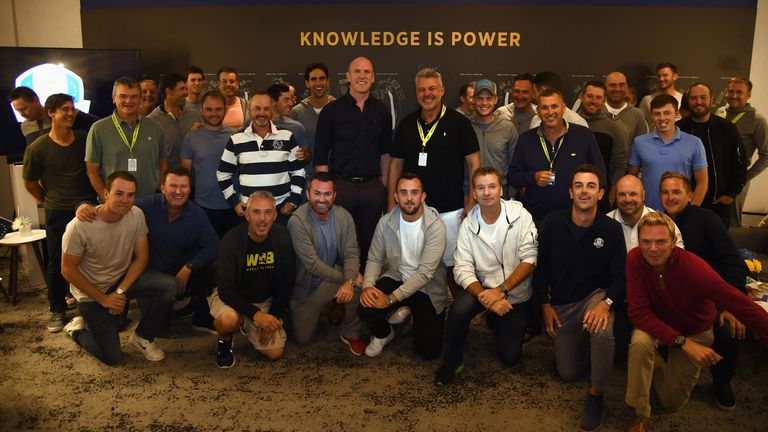Rugby star Paul O'Connell and Darren Clarke pictured with the European Ryder Cup team, caddies and officials prior to the Ryder Cup