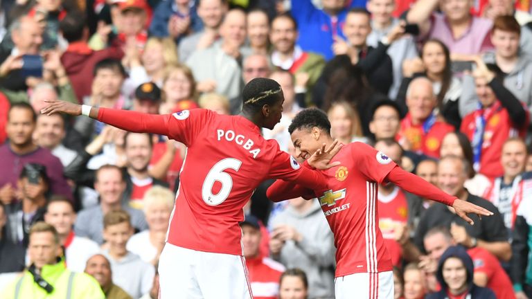 Manchester United midfielder Paul Pogba (left) and Jesse Lingard celebrate 