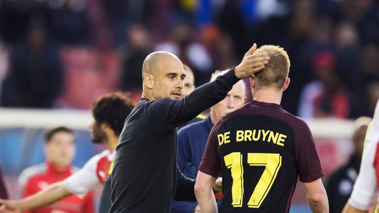 GOTHENBURG, SWEDEN - AUGUST 07: Pep Guardiola, head coach of Manchester City and Kevin de Bruyne of Manchester City during the Pre-Season Friendly between 