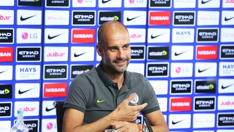 Manchester City manager Pep Guardiola speaking at a press conference for his side's EFL Cup tie against Swansea City