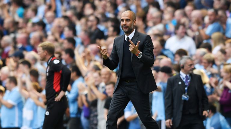 MANCHESTER, ENGLAND - SEPTEMBER 17:  Josep Guardiola, Manager of Manchester City reacts during the Premier League match between Manchester City and AFC Bou