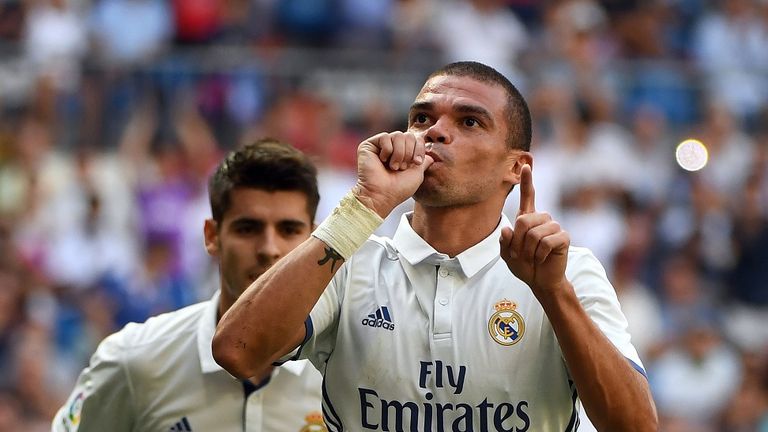 Real Madrid's Portuguese defender Pepe celebrates scoring his side's fourth goal.