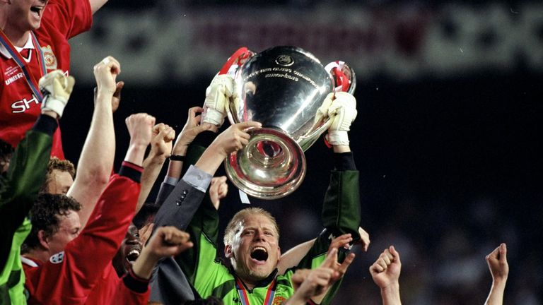 26 May 1999:  Peter Schmeichel captain of Manchester United in his final game lifts the European Cup after United beat Bayern Munich in the European Champi