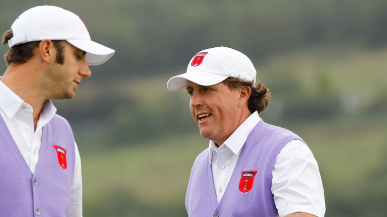 Phil Mickelson (r) and Dustin Johnson during the 2010 Ryder Cup at Celtic Manor