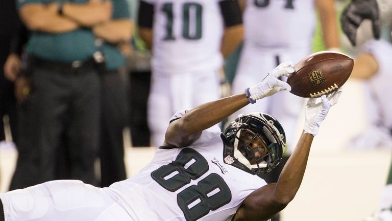 PHILADELPHIA, PA - SEPTEMBER 1: Cayleb Jones #88 of the Philadelphia Eagles makes a catch in the fourth quarter against the Philadelphia Eagles at Lincoln 