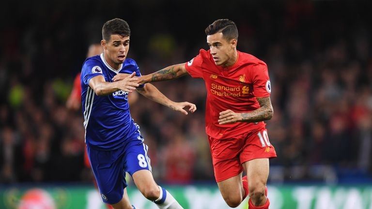 Philippe Coutinho of Liverpool is chased by Oscar of Chelsea 