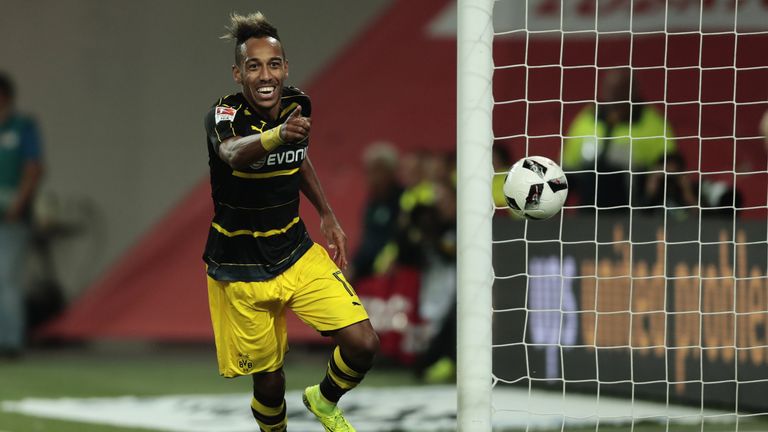 Pierre-Emerick Aubameyang celebrates scoring for Borussia Dortmund