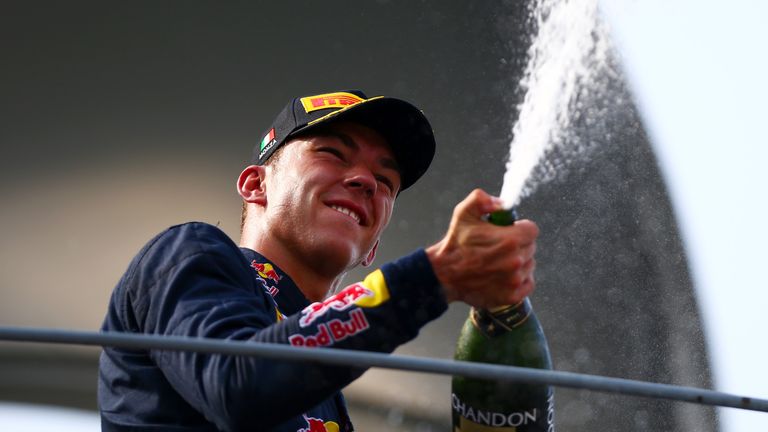 MONZA, ITALY - SEPTEMBER 04:  Pierre Gasly of France and Prema Racing celebrates on the podium after finishing second in the GP2 sprint race before the For