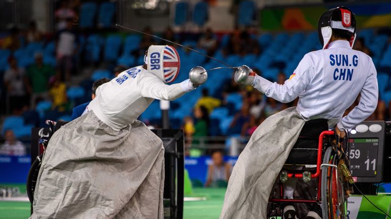 Great Britain's Piers Gilliver in action agianst China's Sun Gang in the Men's Individual Epee - Category A Final Wheelchair Fencing in the Carioca Arena 3