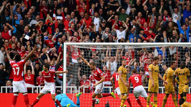 MIDDLESBROUGH, ENGLAND - SEPTEMBER 24:  Ben Gibson of Middlesbrough scores his sides first goal during the Premier League match between Middlesbrough and T