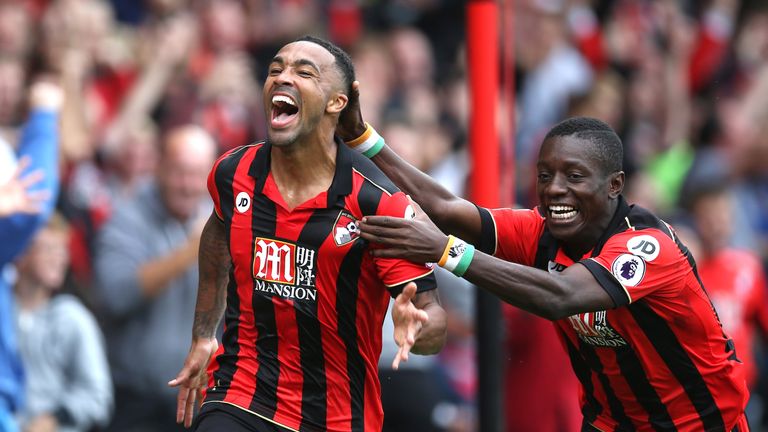 Callum Wilson (L) celebrates scoring the only goal of the game