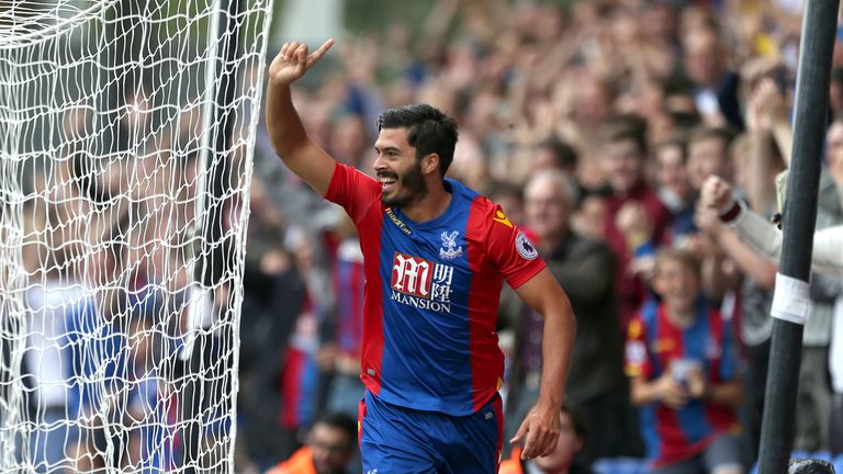 Crystal Palace's James Tomkins celebrates scoring his side's first goal of the game