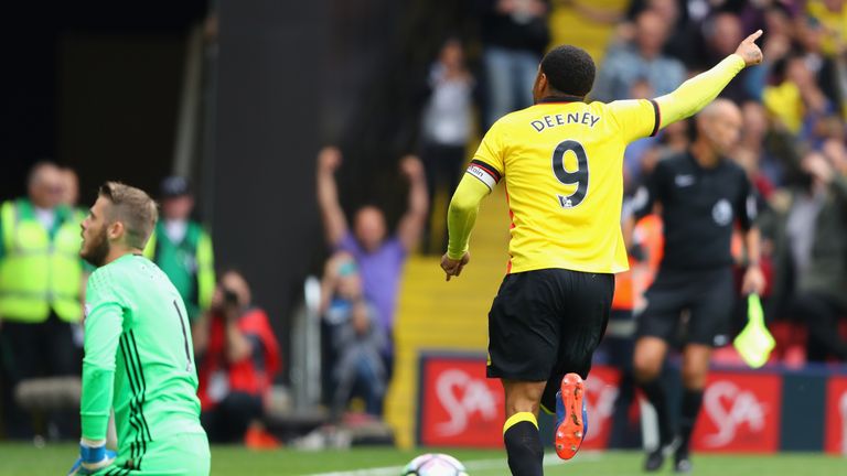 Troy Deeney of Watford celebrates scoring his sides third goal during the Premier League match between Watford and Manchester United