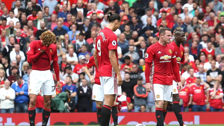 Manchester United players appear dejected after conceding a goal