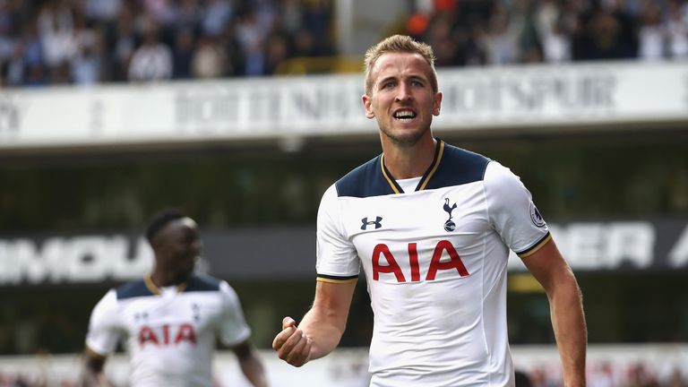 Harry Kane celebrates opening the scoring for Tottenham