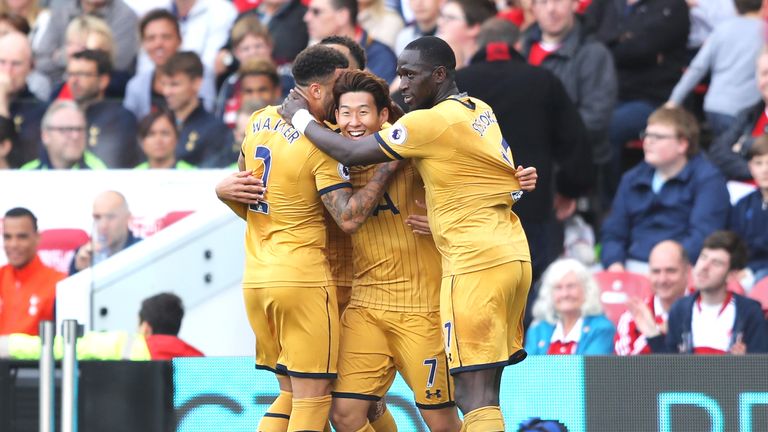 Heung-Min Son of Tottenham Hotspur celebrates scoring his sides first goal