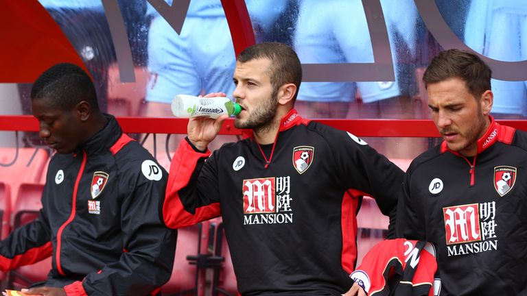 Jack Wilshere (C) on the bench during the Premier League match between AFC Bournemouth and West Bromwich Albion