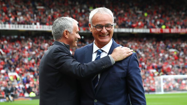 Jose Mourinho (L) embraces Claudio Ranieri before kick-off