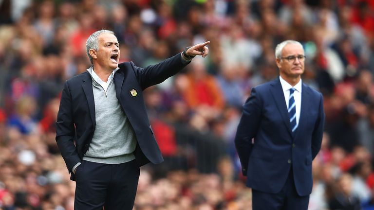 Jose Mourinho (L) gives his team instructions from the touchline
