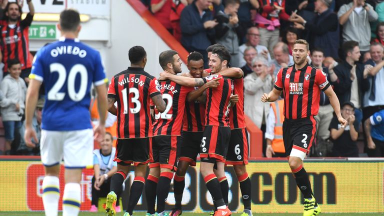 Junior Stanislas celebrates scoring his sides first goal with his team-mates