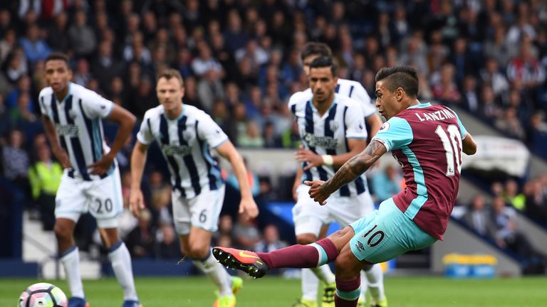 Manuel Lanzini scores from the spot against West Brom for West Ham's second