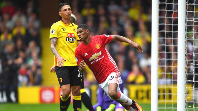 Marcus Rashford runs away from goal after equalising for Manchester United