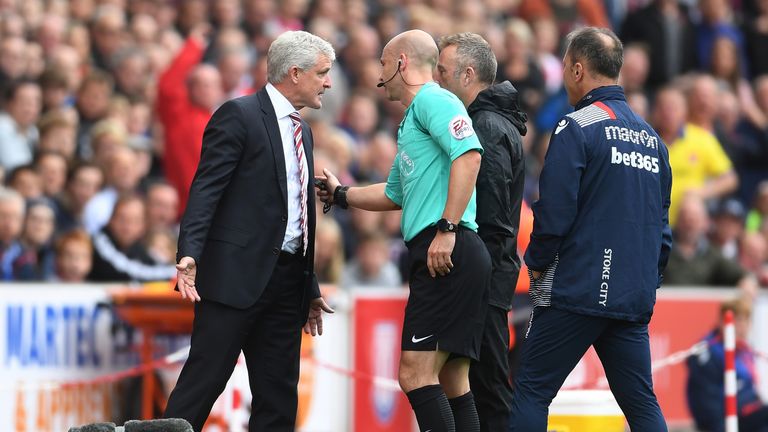 Mark Hughes is sent to the stands during the Premier League match between Stoke City and Tottenham