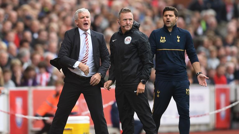 Mark Hughes reacts during the Premier League match between Stoke City and Tottenham