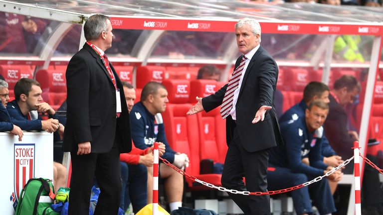 Mark Hughes reacts during the Premier League match between Stoke City and Tottenham Hotspur 