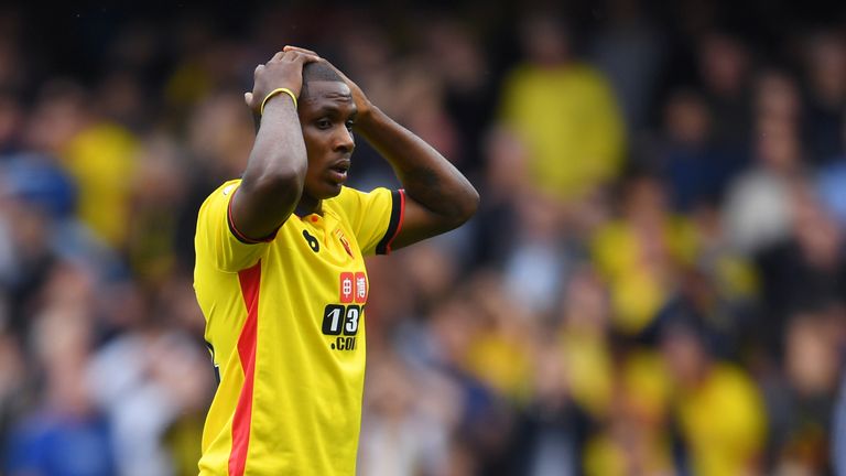 Odion Ighalo of Watford reacts after missing a chance to score his sides first goal