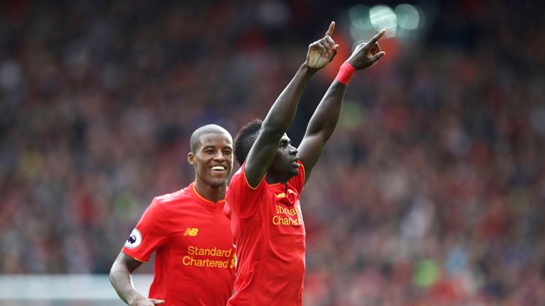 Sadio Mane celebrates scoring Liverpool's third goal