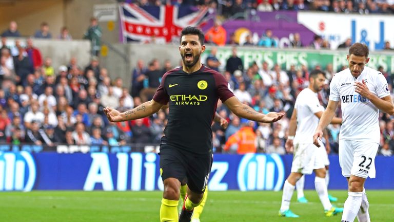 Sergio Aguero celebrates scoring Manchester City's second from the penalty spot