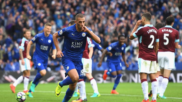 Islam Slimani of Leicester City celebrates scoring his sides first goal 
