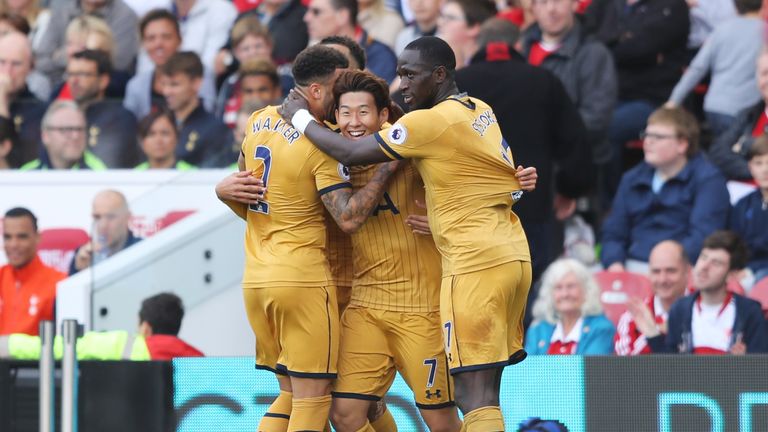 MIDDLESBROUGH, ENGLAND - SEPTEMBER 24: Heung-Min Son of Tottenham Hotspur celebrates scoring his sides first goal with his team mates  during the Premier L