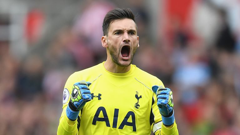 Hugo Lloris celebrates after Tottenham's first goal